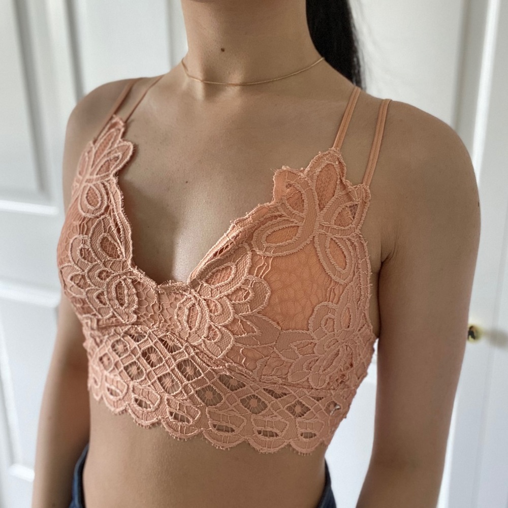 LACEY - Coral Orange V Neck Criss Cross Back Lace Bralette